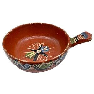 Vintage Mexican Folk Art Pottery Tlaquepaque Casserole Dish w/ Handle Hand Paint